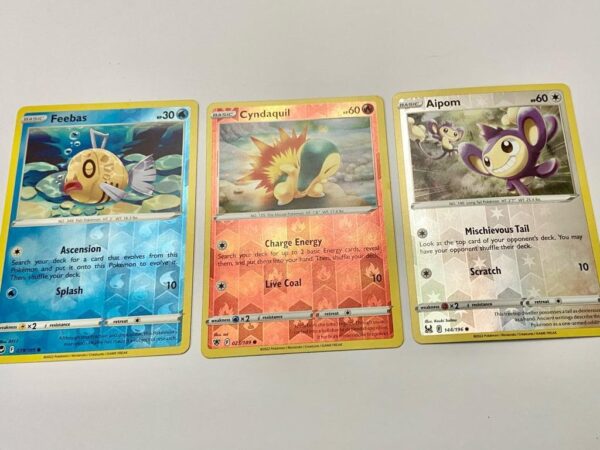 Lot (J) 3 Pokemon Reverse Holo Cards and 3 Pokemon Gold Fan Arts