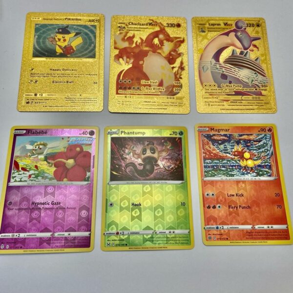 Lot (G) 3 Pokemon Reverse Holo Cards and 3 Pokemon Fan Arts