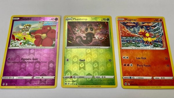 Lot (G) 3 Pokemon Reverse Holo Cards and 3 Pokemon Fan Arts