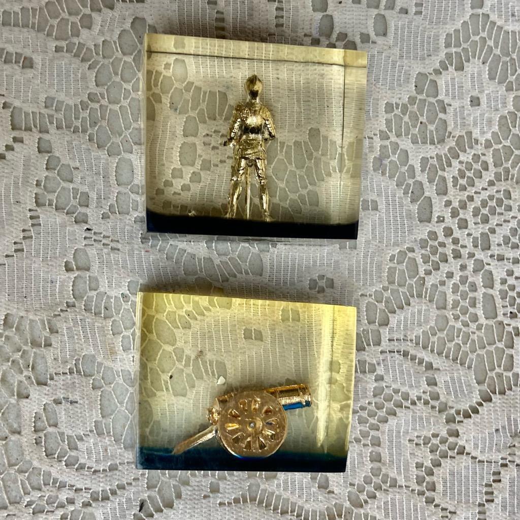 Lot of 2-1950s Vintage, Rare, Acrylic Lucite Gold Knight and Canon Paperweight