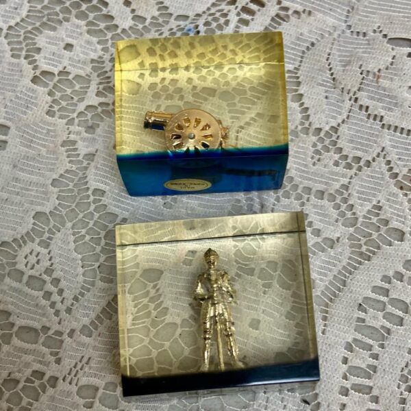 Lot of 2-1950s Vintage, Rare, Acrylic Lucite Gold Knight and Canon Paperweight