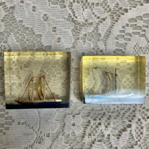 Lot of 2-1950s Vintage, Rare, Acrylic Lucite Gold Sailboat-Ship Paperweight