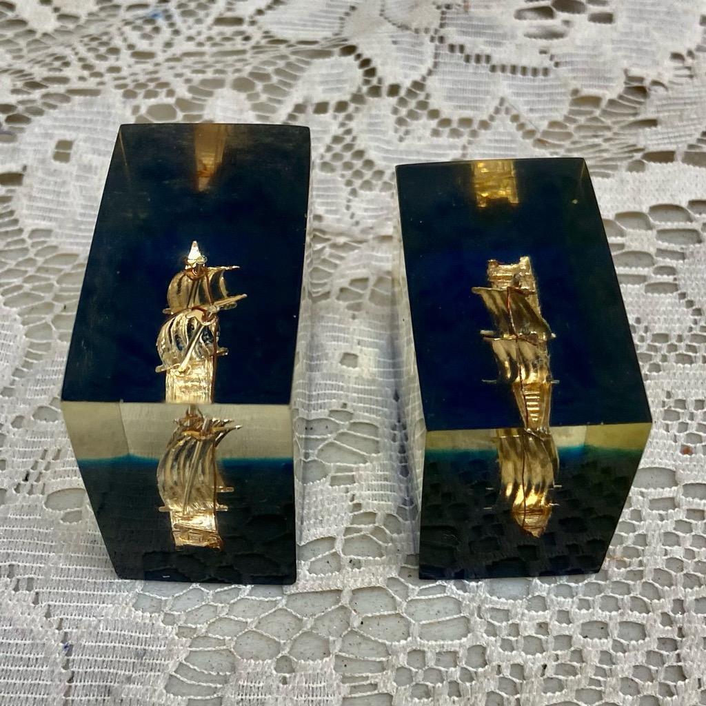 Lot of 2-1950s Vintage, Rare, Acrylic Lucite Gold Sailboat-Ship Paperweight