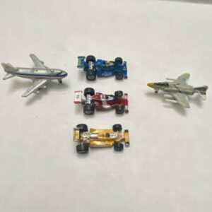 Vintage, Lot of 5 Miniature (1.25-inch) Airplanes and Racing Cars (G)