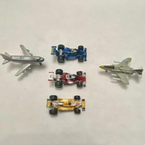 Vintage, Lot of 5 Miniature (1.25-inch) Airplanes and Racing Cars (G)