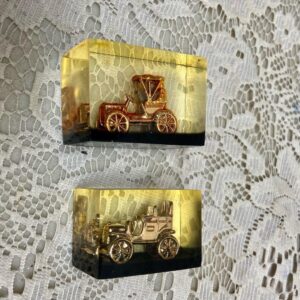 Lot of 2-1950s Vintage, Rare, Acrylic Lucite Gold Antique Cars Paperweight