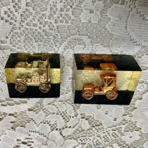 Lot of 2-1950s Vintage, Rare, Acrylic Lucite Gold Antique Cars Paperweight