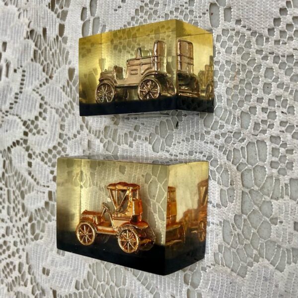 Lot of 2-1950s Vintage, Rare, Acrylic Lucite Gold Antique Cars Paperweight