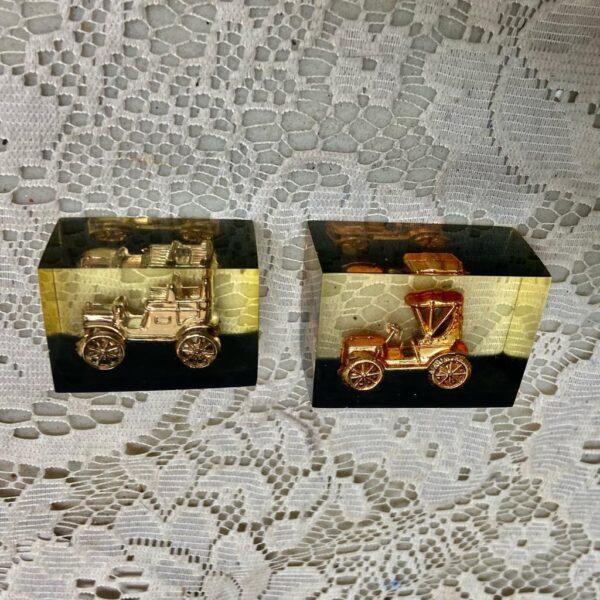 Lot of 2-1950s Vintage, Rare, Acrylic Lucite Gold Antique Cars Paperweight