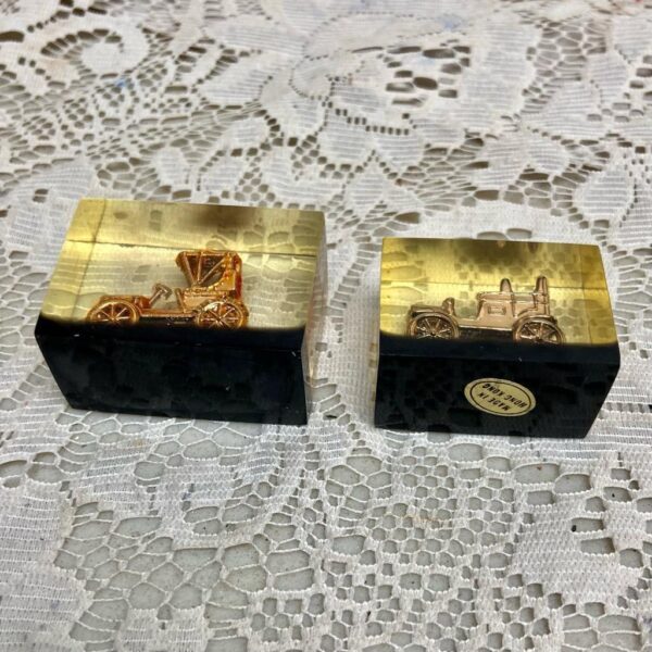 Lot of 2-1950s Vintage, Rare, Acrylic Lucite Gold Antique Cars Paperweight