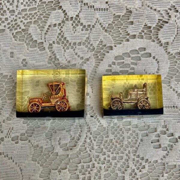 Lot of 2-1950s Vintage, Rare, Acrylic Lucite Gold Antique Cars Paperweight