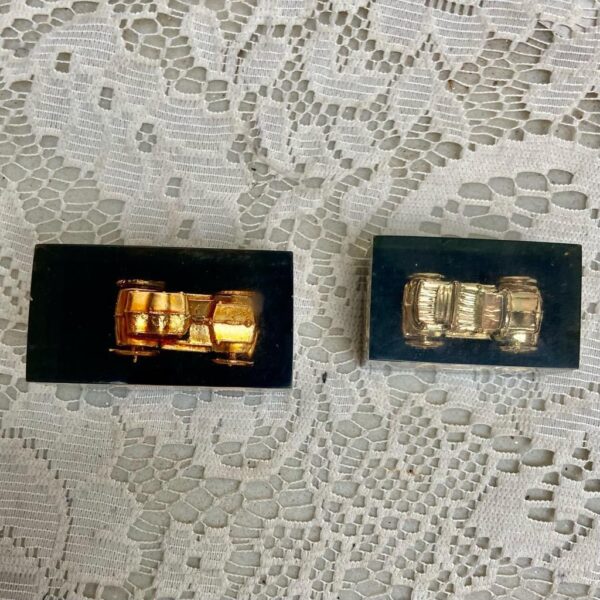 Lot of 2-1950s Vintage, Rare, Acrylic Lucite Gold Antique Cars Paperweight