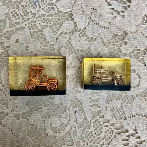 Lot of 2-1950s Vintage, Rare, Acrylic Lucite Gold Antique Cars Paperweight