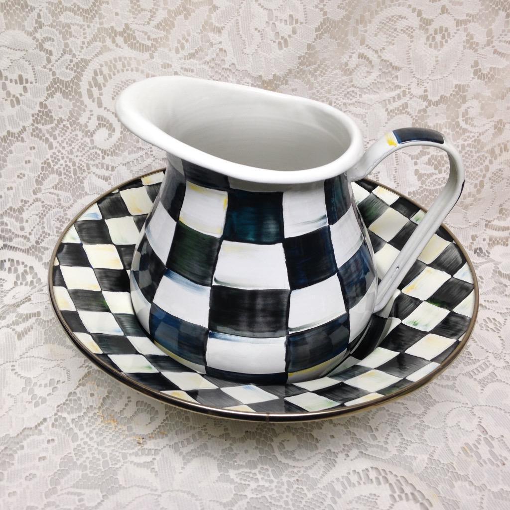 MacKenzie Childs Courtley Check 104 oz Pitcher 8.5in and Pasta -Wash Bowl 12in D