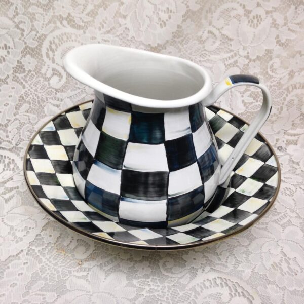 MacKenzie Childs Courtley Check 104 oz Pitcher 8.5in and Pasta -Wash Bowl 12in D