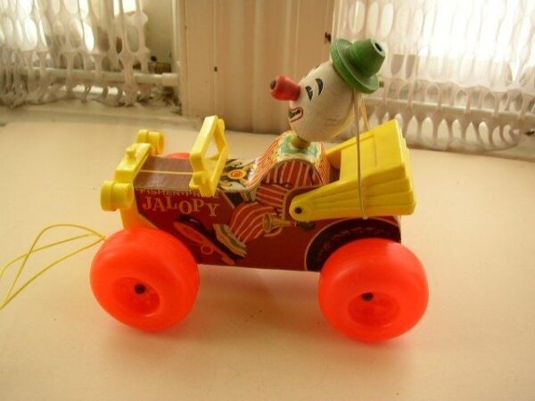 1960s, Fisher Price, Clown in Jalopy Pull Toy