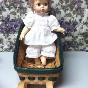 Vintage, 1971, 13in Ideal Blond Doll in Chip Wood Sleigh Bed