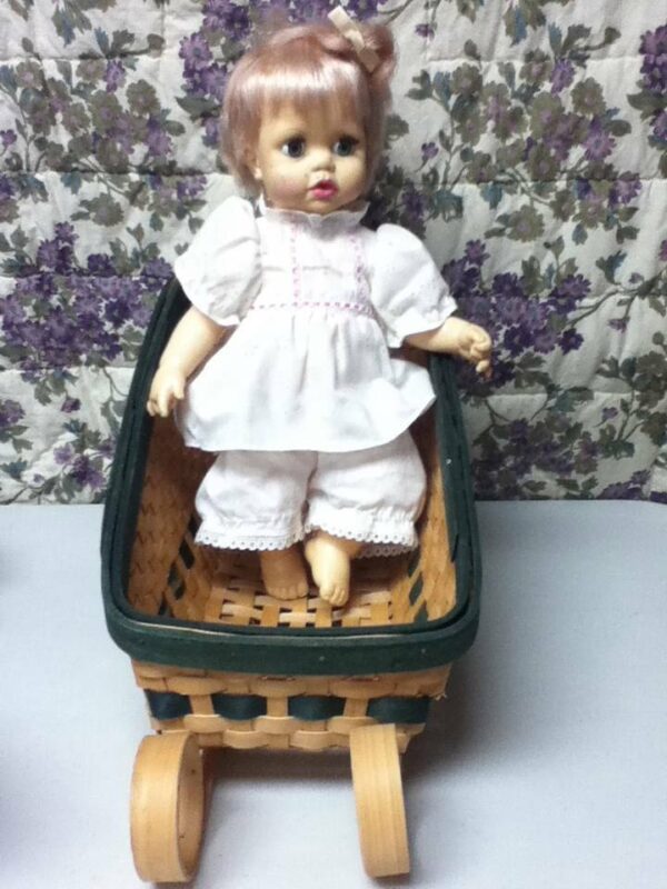 Vintage, 1971, 13in Ideal Blond Doll in Chip Wood Sleigh Bed