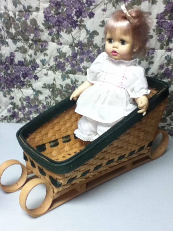 Vintage, 1971, 13in Ideal Blond Doll in Chip Wood Sleigh Bed