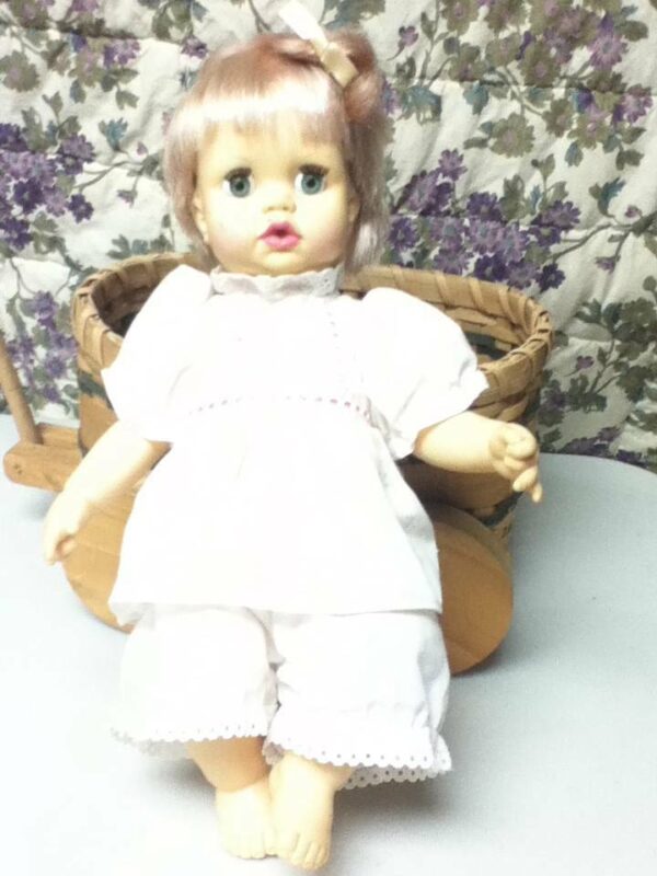 Vintage, 1971, 13in Ideal Blond Doll in Chip Wood Sleigh Bed