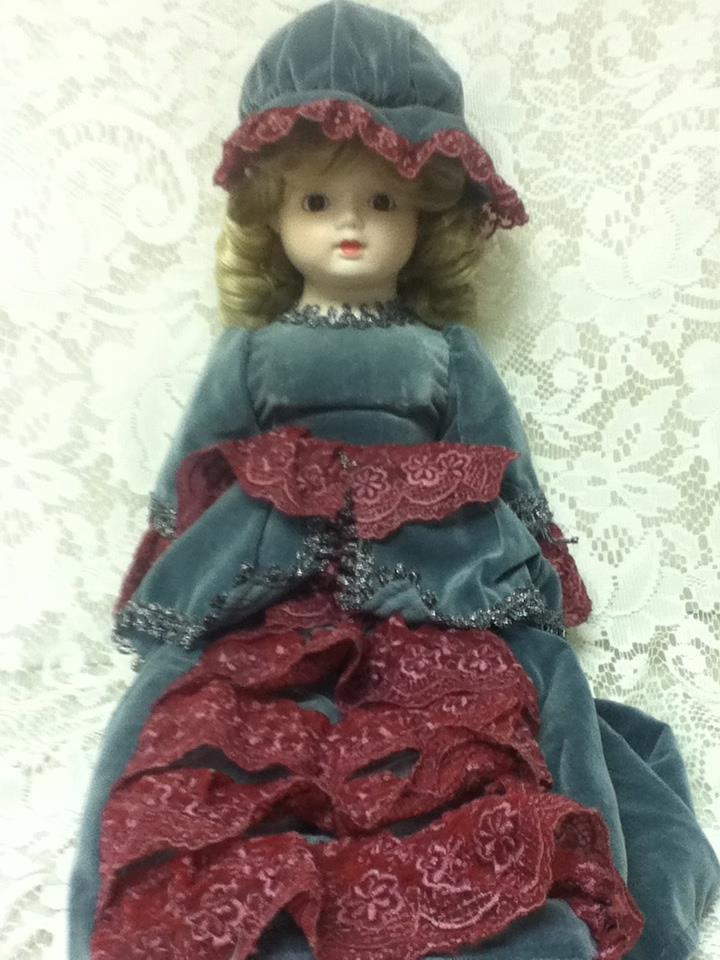 Vintage, Zasan, Patent Pending, 20-inch Victorian Doll in Velvet Gown and Hat