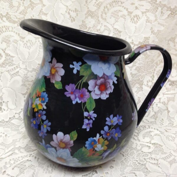 MacKenzie Childs Black Flower Market 8.5in Pitcher-12in Pasta- Wash Bowl Set