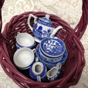 Vintage, Japan, Blue Willow, 18pc Child’s Tea Set - Pink Wicker Picnic Basket