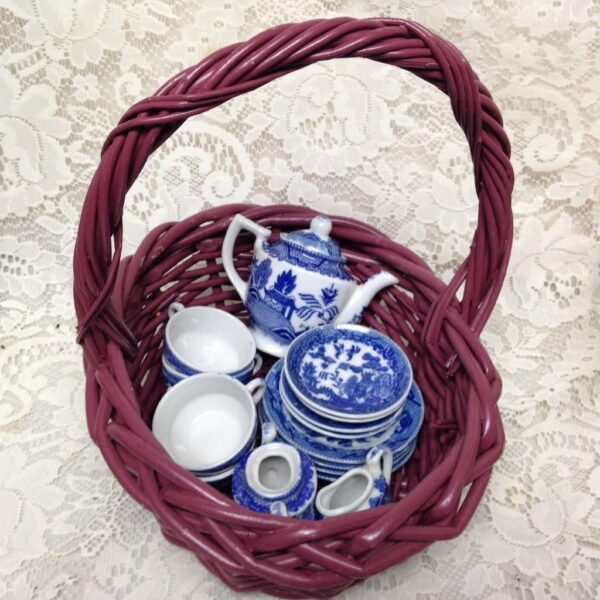 Vintage, Japan, Blue Willow, 18pc Child’s Tea Set - Pink Wicker Picnic Basket