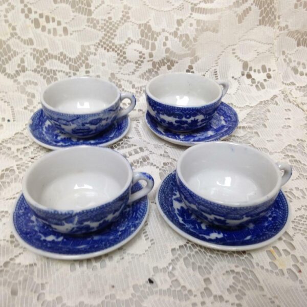 Vintage, Japan, Blue Willow, 18pc Child’s Tea Set - Pink Wicker Picnic Basket