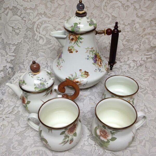 Vintage, MacKenzie Childs White Floral Enamelware 7pcTea Set