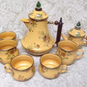 Vintage, MacKenzie Childs Mustard Yellow Floral Enamelware 9pcTea Set