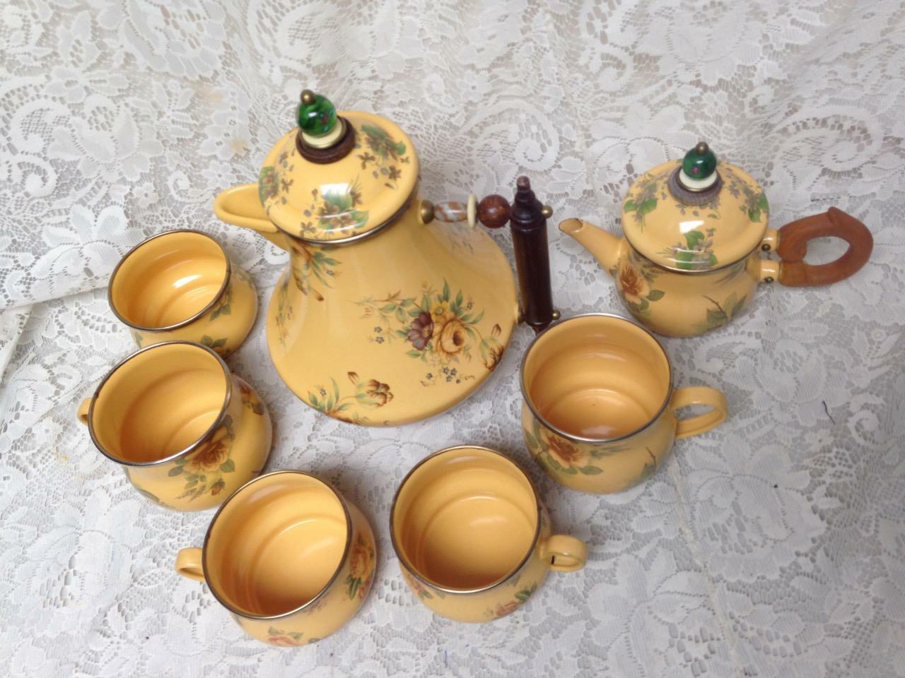 Vintage, MacKenzie Childs Mustard Yellow Floral Enamelware 9pcTea Set