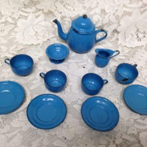 Antique, 12-pc French Blue Enamelware Child's Tea Set