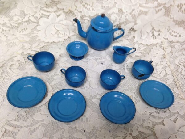 Antique, 12-pc French Blue Enamelware Child's Tea Set