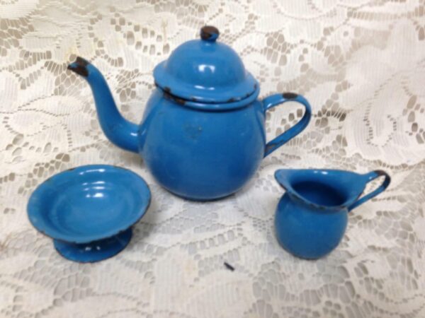 Antique, 12-pc French Blue Enamelware Child's Tea Set