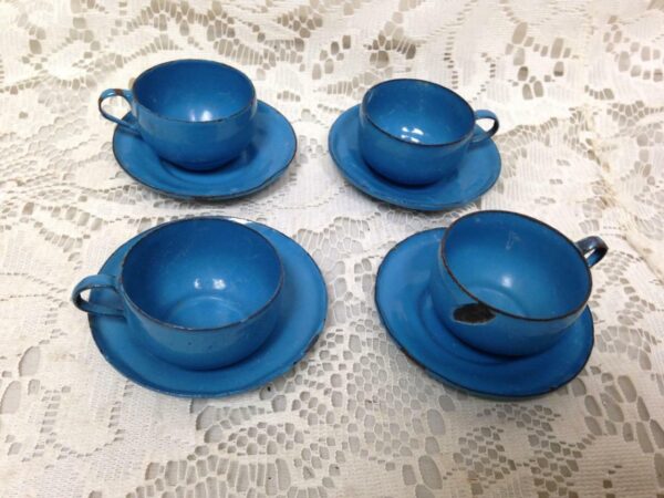 Antique, 12-pc French Blue Enamelware Child's Tea Set