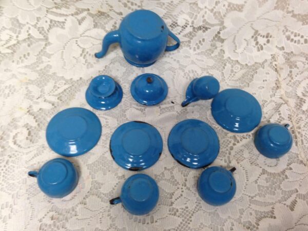 Antique, 12-pc French Blue Enamelware Child's Tea Set