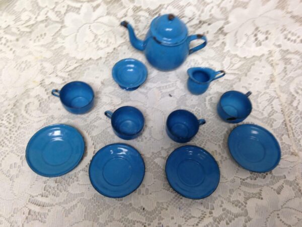 Antique, 12-pc French Blue Enamelware Child's Tea Set