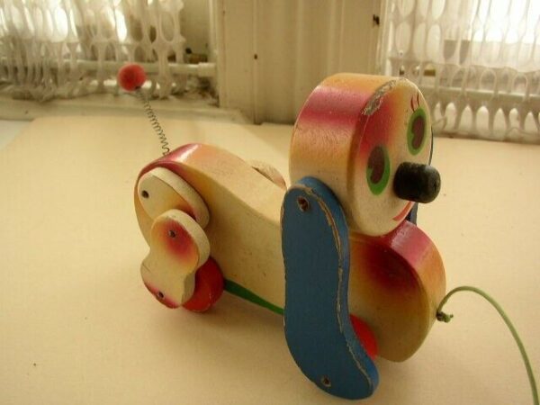 1950s, Made in Japan, Hand Painted, Wooden, 7in Puppy Pull Toy