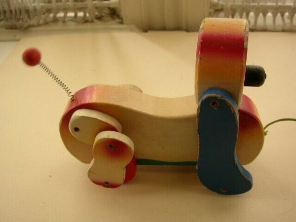 1950s, Made in Japan, Hand Painted, Wooden, 7in Puppy Pull Toy