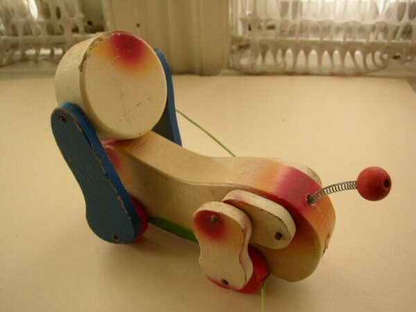 1950s, Made in Japan, Hand Painted, Wooden, 7in Puppy Pull Toy