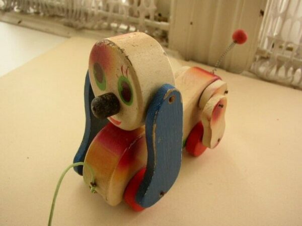 1950s, Made in Japan, Hand Painted, Wooden, 7in Puppy Pull Toy