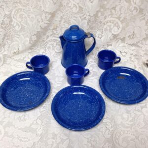 Vintage, Rare, Blue and White Speckled Enamelware, 7pc Childs Tea Set for 3