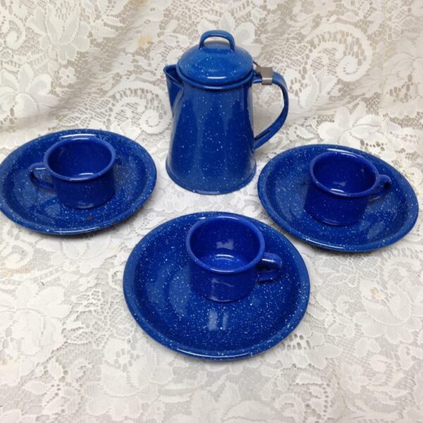 Vintage, Rare, Blue and White Speckled Enamelware, 7pc Childs Tea Set for 3