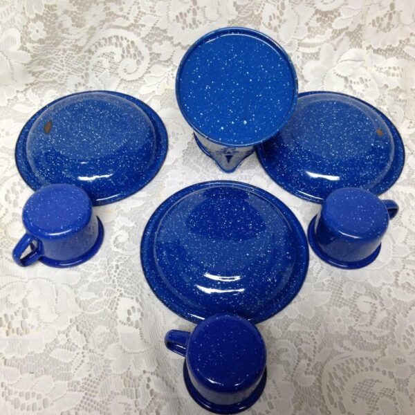 Vintage, Rare, Blue and White Speckled Enamelware, 7pc Childs Tea Set for 3