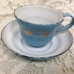 Antique, Child's 2pc French Blue with Gold Trim, Enamelware Cup and Saucer