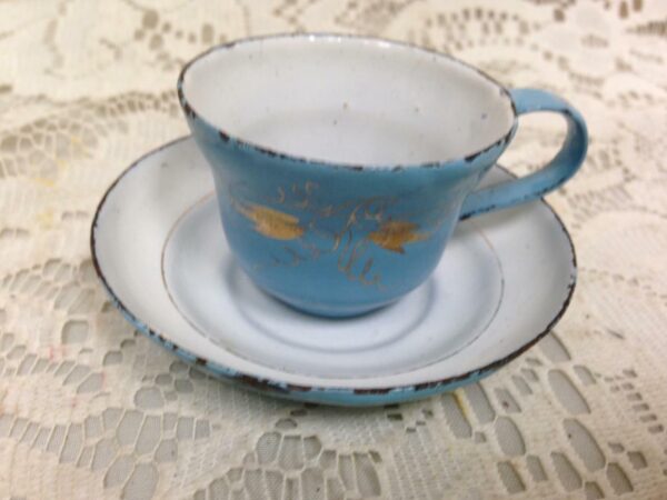 Antique, Child's 2pc French Blue with Gold Trim, Enamelware Cup and Saucer