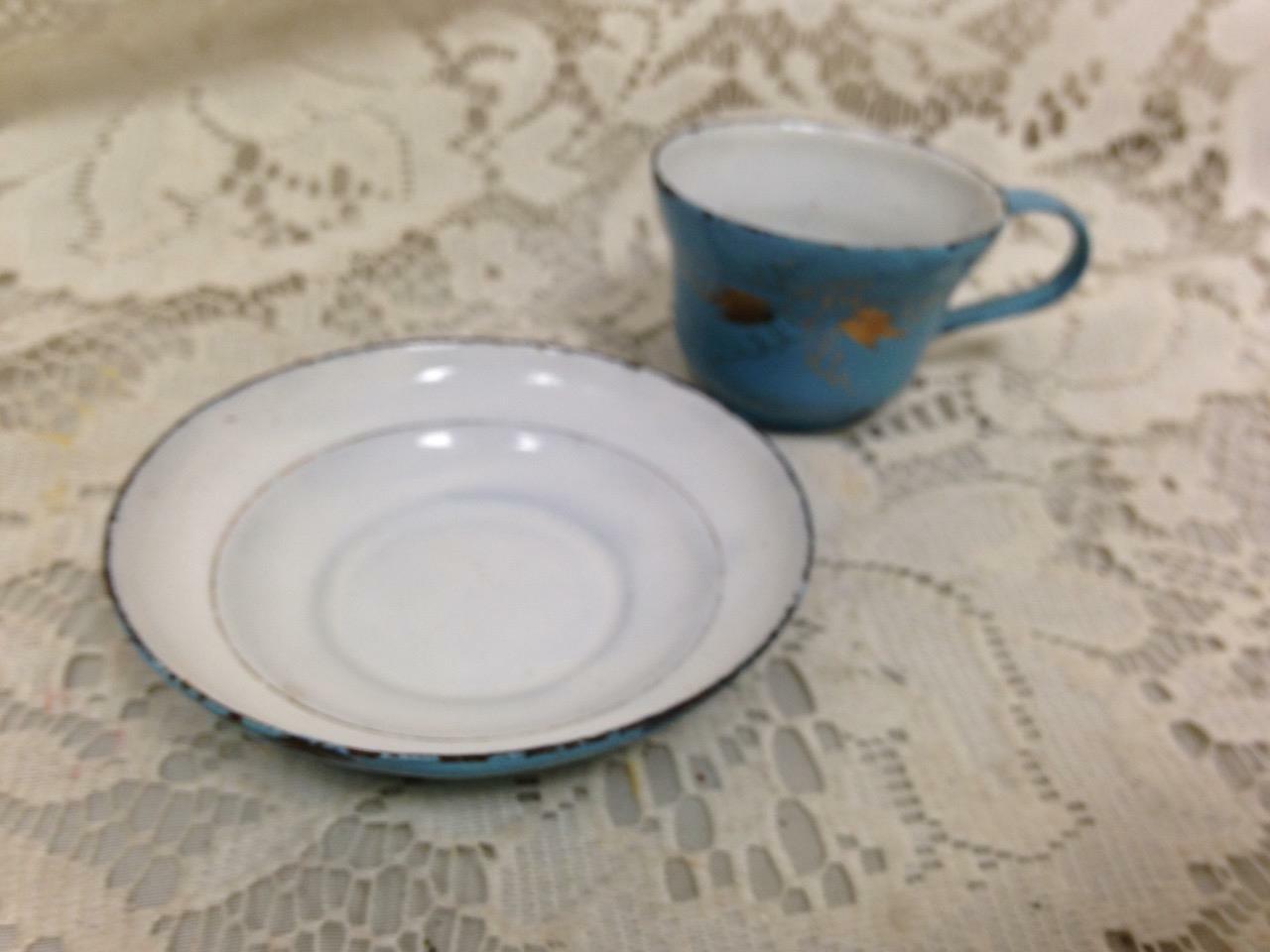 Antique, Child’s 2pc French Blue with Gold Trim, Enamelware Cup and Saucer