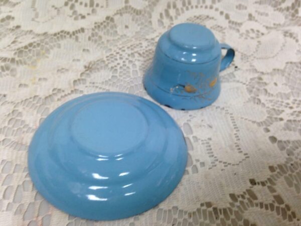 Antique, Child's 2pc French Blue with Gold Trim, Enamelware Cup and Saucer