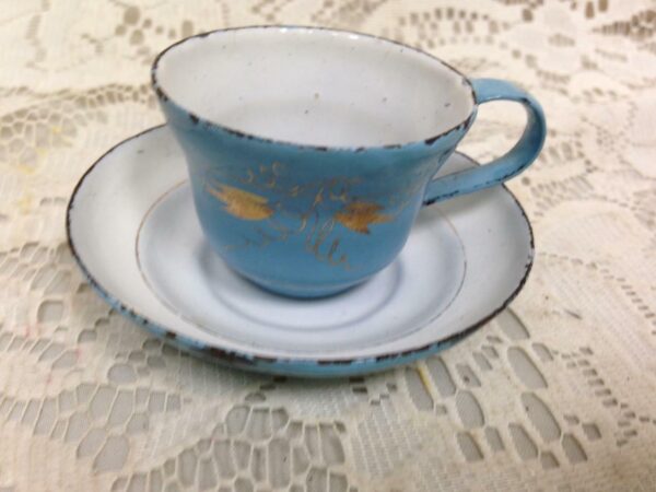 Antique, Child's 2pc French Blue with Gold Trim, Enamelware Cup and Saucer